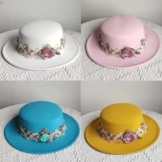 2025 Flower Elegant Women's Hat Dome Fedora Party Hat Felt Hat Women Church Hat Wide Brim Wedding hat Summer Sun Hat